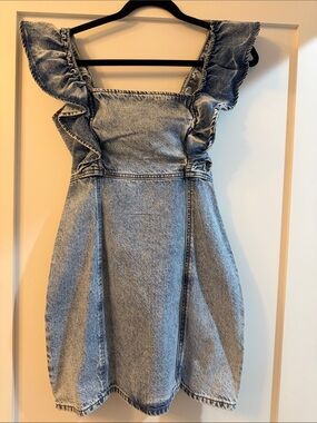 Forever 21 Ruffled Square Neck Denim Mini Dress - Light Blue